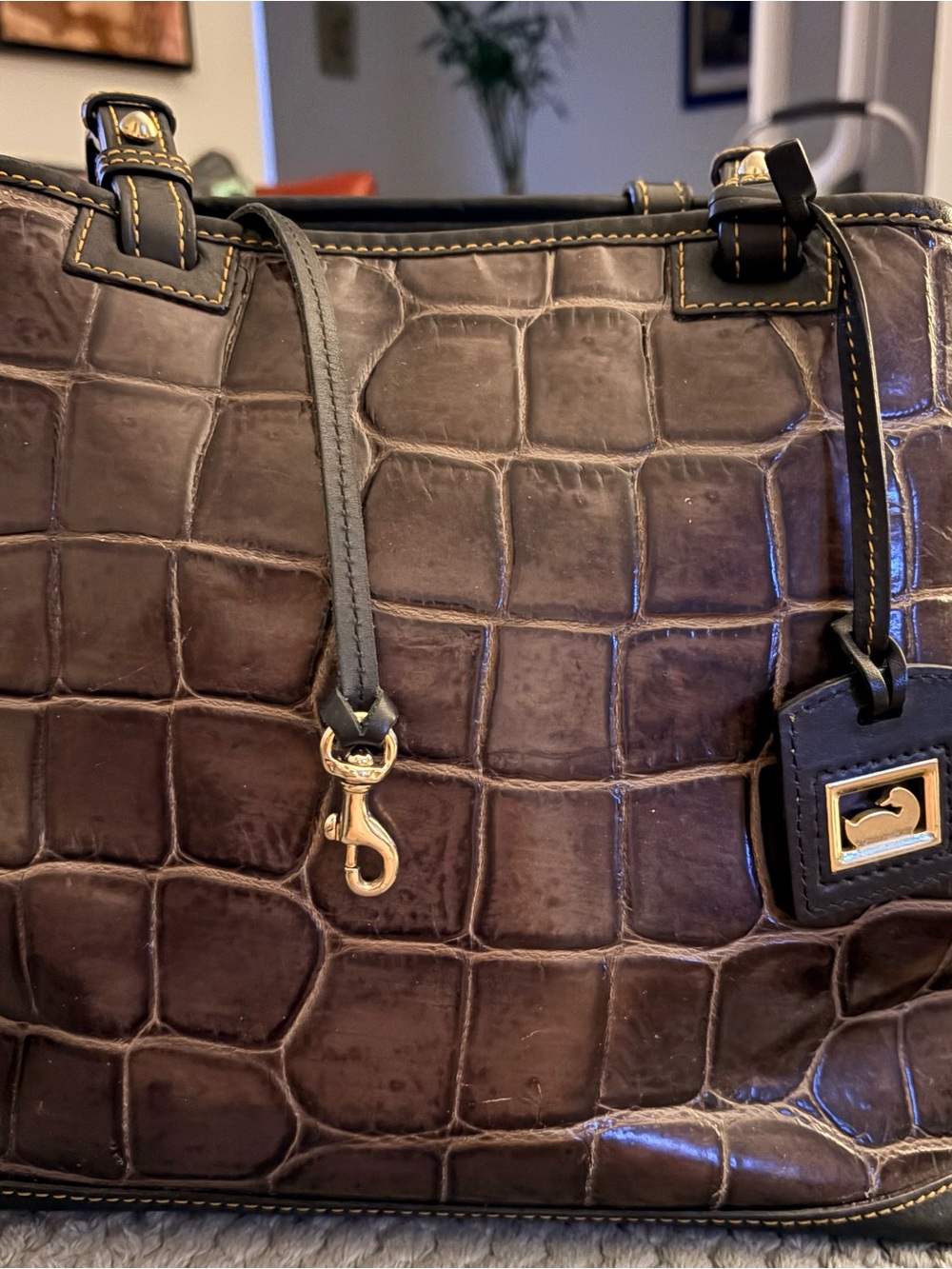 Dooney & Bourke Croc-Embossed Leather Satchel in Dark Brown with Gold Hardware